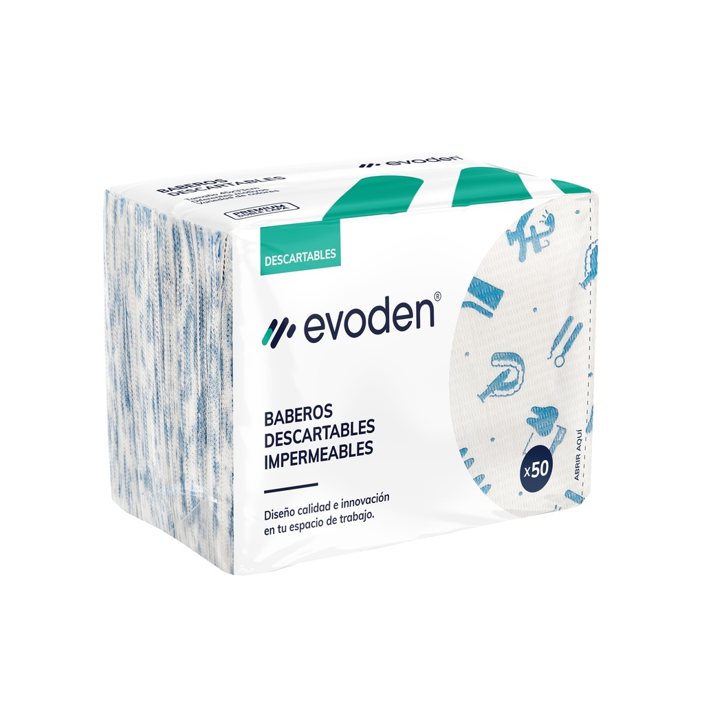 Baberos estampados descartables Premium doble capa, bolsa x 50u. EVODEN