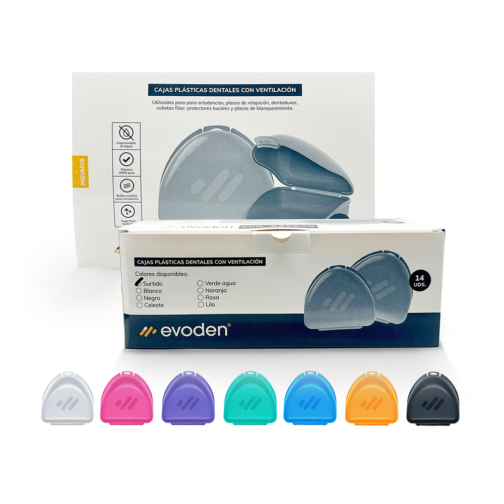 Caja con ESPEJO para placas/ortodoncia/dentadura, caja x 14u de colores surtidos. EVODEN