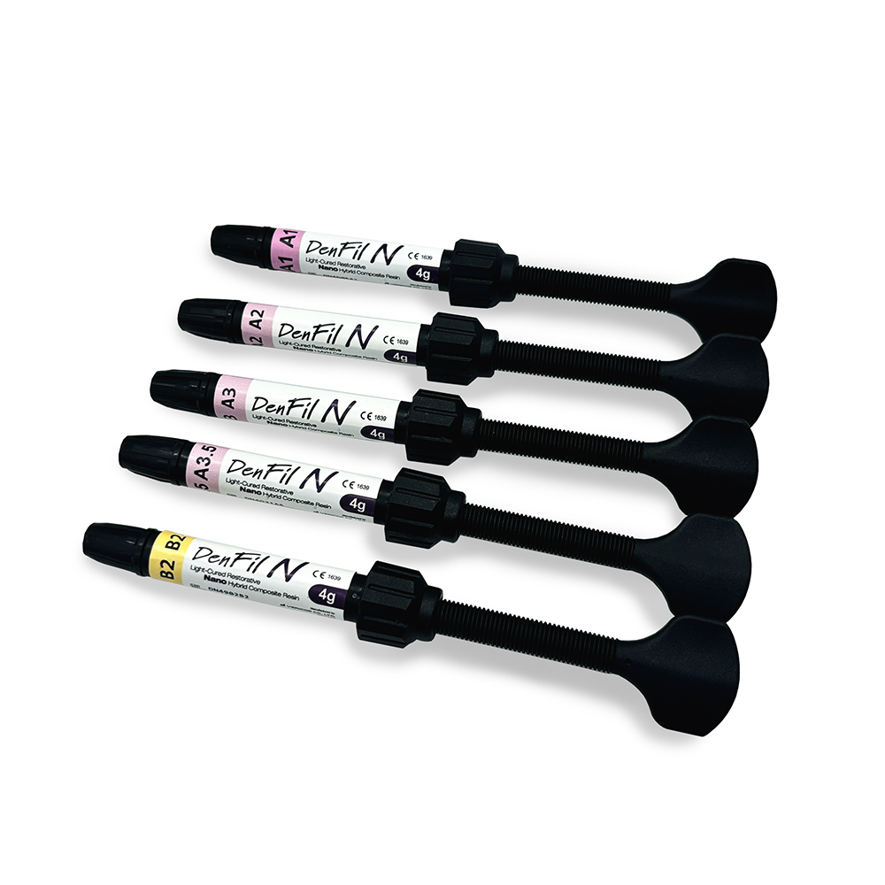 Kit Composite DenFil N, Resina Nanohíbrida fotocurable, (5 Jeringas de 4g + Adhesivo BC Plus + Grabador + Accesorios). VERICOM