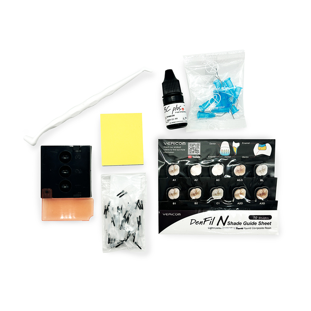 Kit Composite DenFil N, Resina Nanohíbrida fotocurable, (5 Jeringas de 4g + Adhesivo BC Plus + Grabador + Accesorios). VERICOM