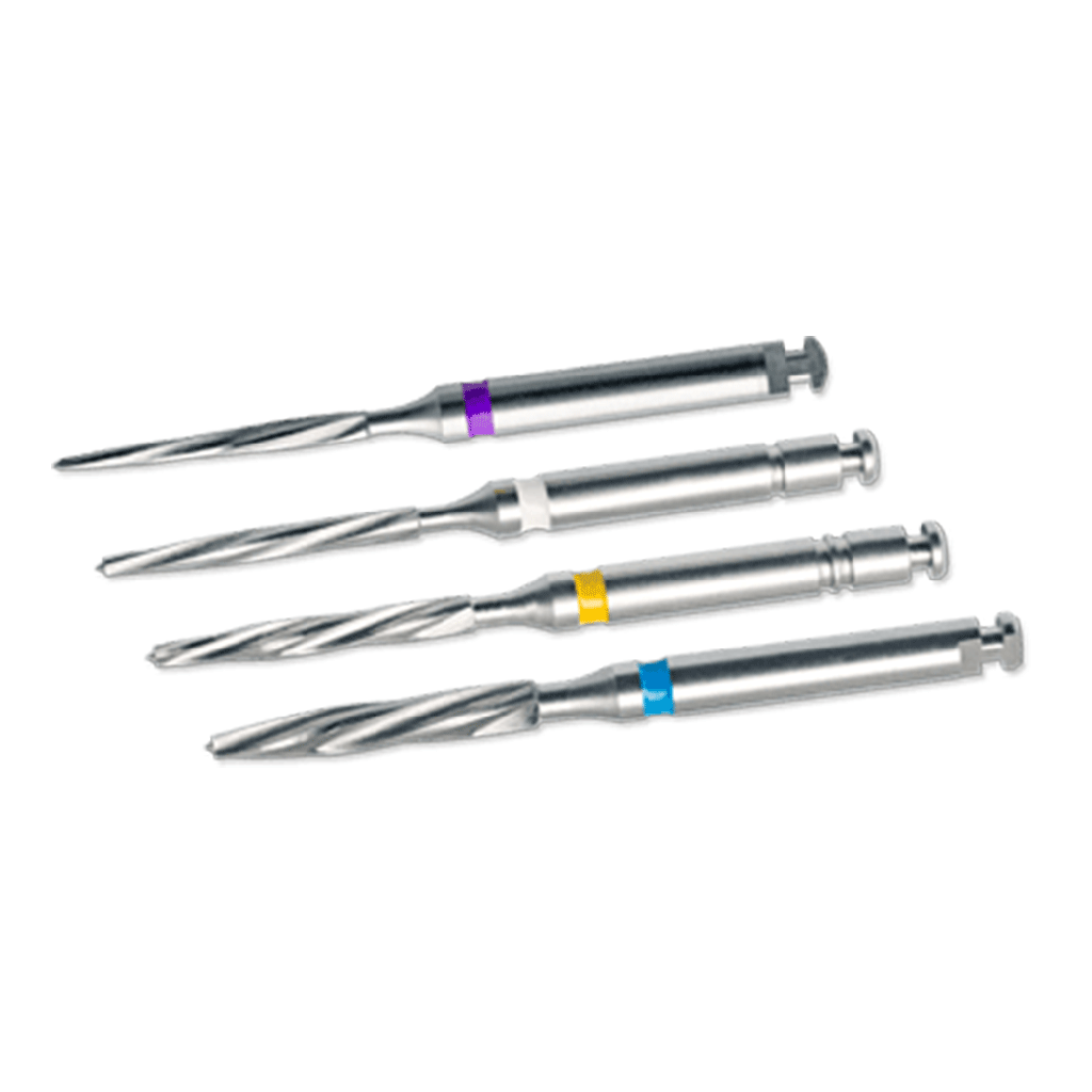 Mini kit de postes de fibra para restauración dental EXACTO, 5 postes + fresa. ANGELUS