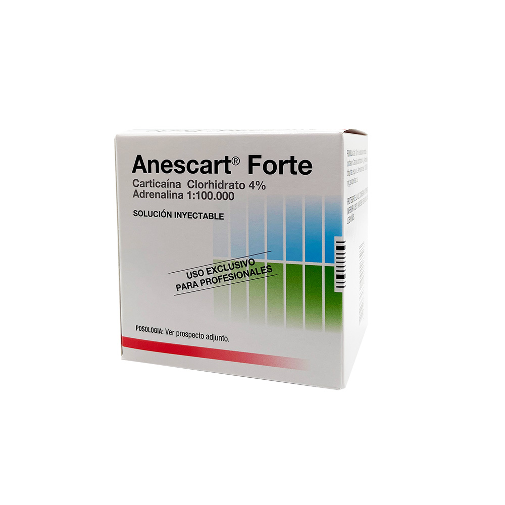Caja de anestesia Anescar Forte, carticaína clorhidrato 4%, caja x 100u. SIDUS