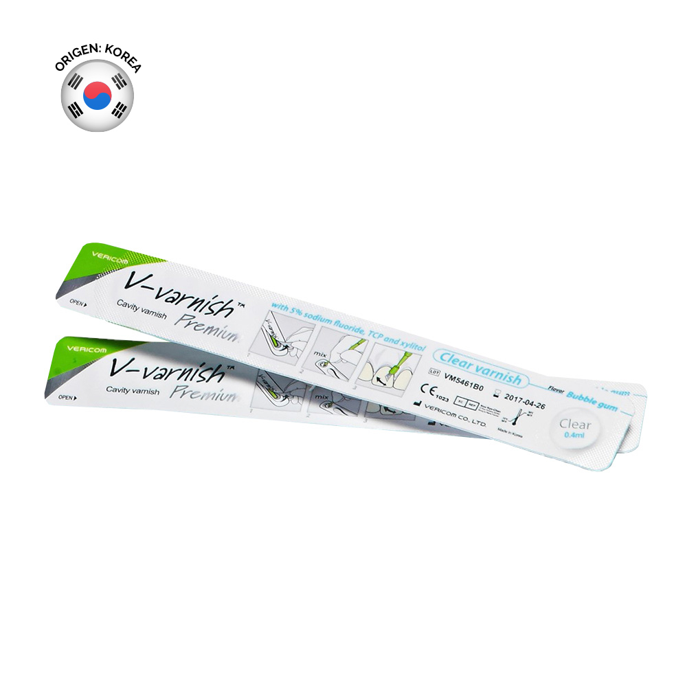 Barniz de flúor V-Varnish Premium (frutilla), monodosis 0.4ml/0.5mg. VERICOM