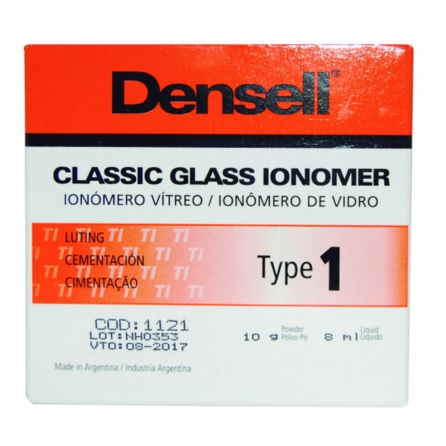 Ionómero vitro Classic Glass ionomer, tipo 1 cementación, avío: polvo 10g + líquido 8ml. DENSELL