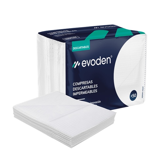 [C009410] Compresas descartables Premium, blancas, doble capa, bolsa x 50u. EVODEN