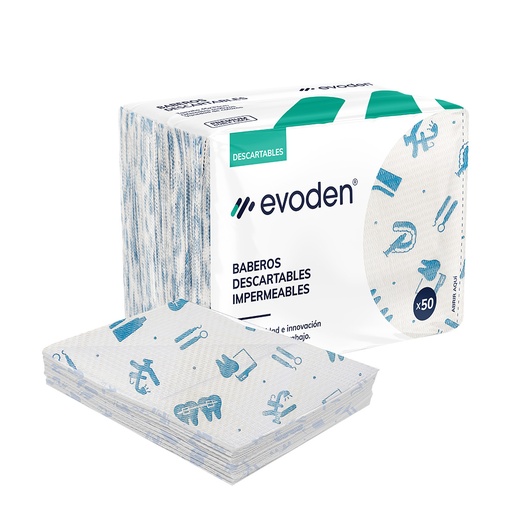 Baberos descartables Premium Estampados COLOR, doble capa, bolsa x 50u. EVODEN