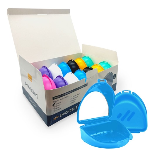 [C014627] Caja con ESPEJO para placas/ortodoncia/dentadura, caja x 14u de colores surtidos. EVODEN